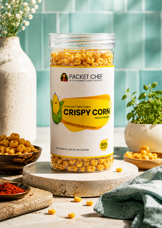 A clear plastic jar of Packet Chef Crispy Corn snack pieces sits on a round stone platter in a styled kitchen setting with a teal tiled wall, flowers, herbs, and bowls of corn.